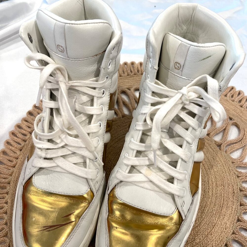 Gucci Signature Padded Leather High White Gold Sneakers EU 40 - Picture 11 of 16